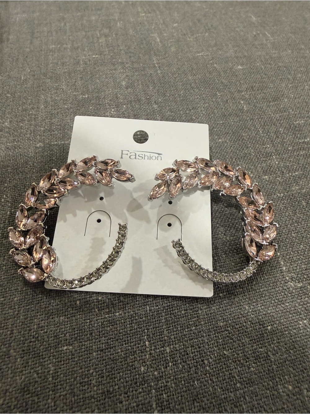 Pink Crystal Hoop Earrings with Leaf Accents